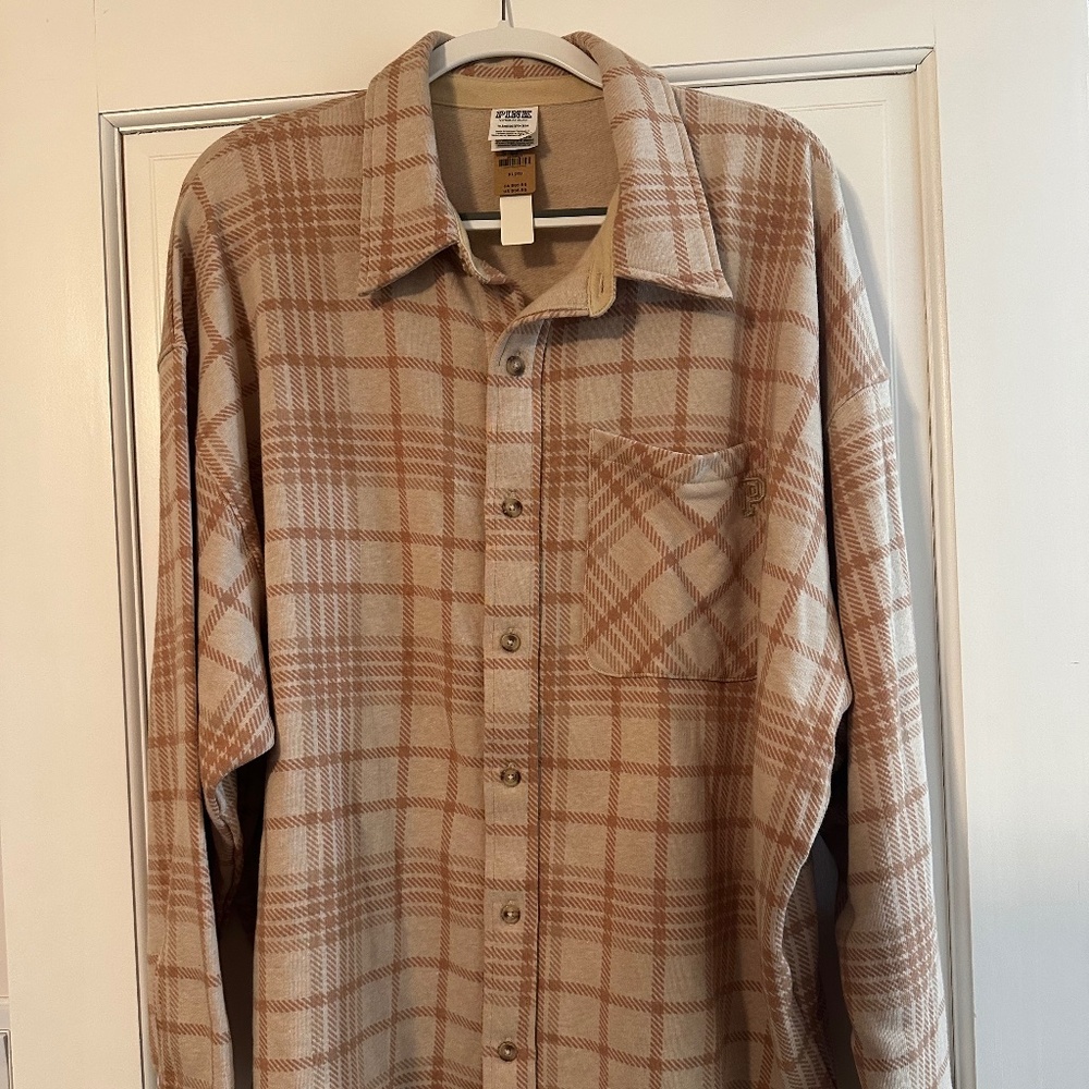 NWT Pink Victoria's Secret Womens Button Up Shirt Brown XL Plaid Long Sleeve
